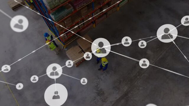 Animation of network of connections with icons over men working in warehouse