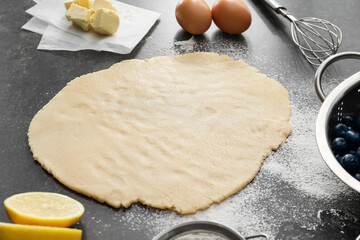 Raw dough with ingredients for blueberry galette on dark background, closeup