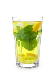 Glass of tasty mint tea with lemon on white background