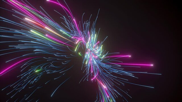 3d animation, neon background with expressive chaotic glowing lines and flashing light. Colorful spectrum laser rays. Cosmic explosion or firework, speed of light