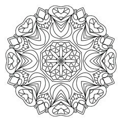 Mandala flower. Circular pattern with many details and geometry elements. Vector illustration for coloring book, tattoo, logo, henna, mehndi