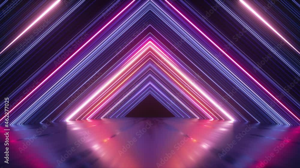 Aufkleber looping 3d animation, abstract neon background with glowing lines, triangular shape