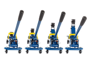 set of isolated blue hydraulic car jacks on white background raised in different heights