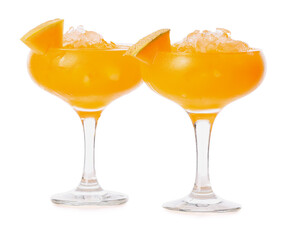 Glasses with cold melon cocktail on white background