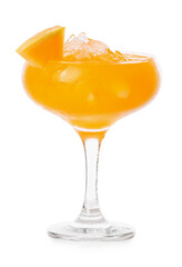 Glass with cold melon cocktail on white background