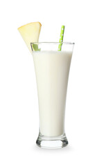 Glass of tasty melon milkshake on white background