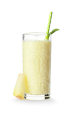 Glass of tasty melon milkshake on white background