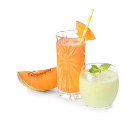 Glasses of tasty melon milkshake on white background