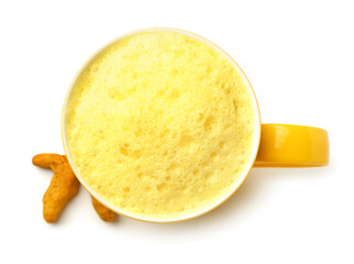 Cup of healthy turmeric latte on white background