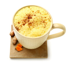 Cup of healthy homemade turmeric latte on white background