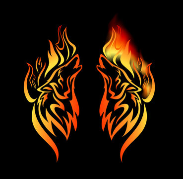 wild howling wolf spirit and burning flames - animal head with fiery decor vector design