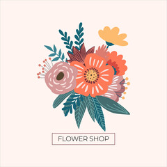 Flowers arrangement or florist salon concept. Modern hand drawn illustration.