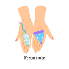 Menstrual cup in the woman hands illustration. Zero waste and plastic free periods. Trendy sanitary product.