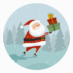 Merry Christmas and happy new year 2022 greeting card with cute Santa Claus on ice on blue background in circle. Holiday cartoon character in winter season. Vector