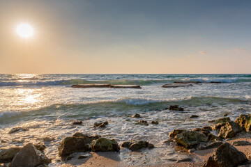 Fototapeta na wymiar Beautiful Mediterranean Sea sunset at the coastline near Haifa, Israel 