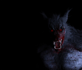 3d illustration of a blood covered Werewolf half lit with negative space