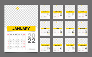 2022 new year vertical wall calendar, planner and schedule for print. Weeks start on sunday
