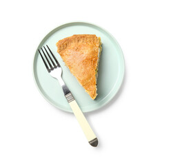 Plate with piece of tasty chicken pot pie on white background