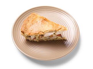 Plate with piece of tasty chicken pot pie on white background
