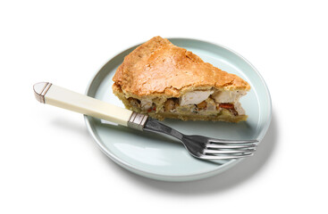 Plate with piece of tasty chicken pot pie on white background