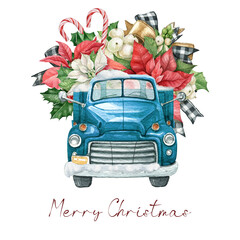 Christmas blue truck with Poinsettia flower bouquet, holly leaves,candy cane, stripped bow ribbon. Farmhouse vintage car,Winter rustic truck,Watercolor xmas truck,pickup truck  © Fefelova Yana