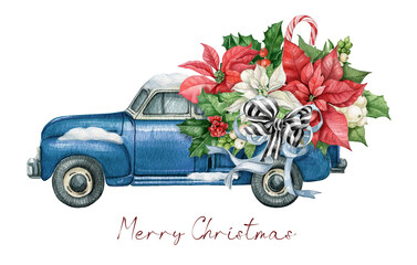 Christmas blue truck with Poinsettia flower bouquet, holly leaves,candy cane, stripped bow ribbon. Farmhouse vintage car,Winter rustic truck,Watercolor xmas truck,pickup truck  © Fefelova Yana