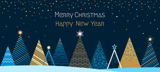 greeting card with Christmas and New Year. Winter forest with stylized Christmas trees, snow and drifts.