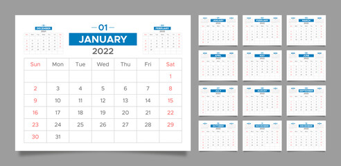 2022 new year horizontal calendar, planner and schedule for print. Weeks start on sunday