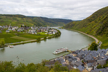 Aerial view of the Moselle valley with vineyards and the villages Ellenz-Poltersdorf and Beilstein