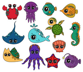 Ocean animal life set. Colorful sea animals collection. Marine theme. Sea story, wind and waves, seashell,whale, fish, corals, stingray, jellyfish, snail, crab, turtle, seahorse. Ocean life clip art.