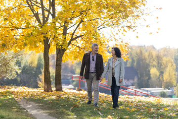 A mature couple holding hands goes for a walk. Portrait of a mature couple 50 years old in an autumn park.