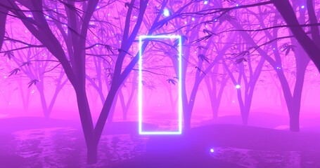 Glowing neon frame in forest. Fluorescent light portal in darkness for copy space. 3D render