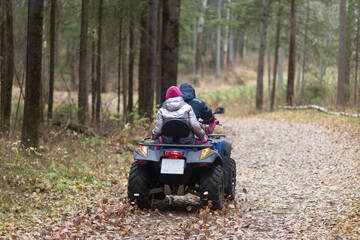 People ride an ATV in the autumn forest.Motor vehicles.