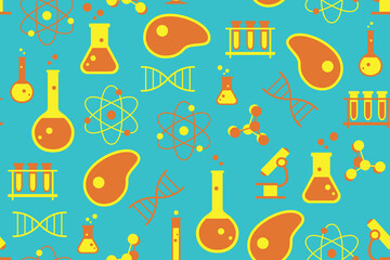 Cultured meat science seamless pattern. Repetitive vector illustration of lab grown meat science concept. Concept of cultured meal, lab grown meat, synthetic meat, science, laboratory.