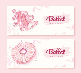 Set of banners for ballet studio. Hand drawn illustration of ballet shoes, tutu and ribbons