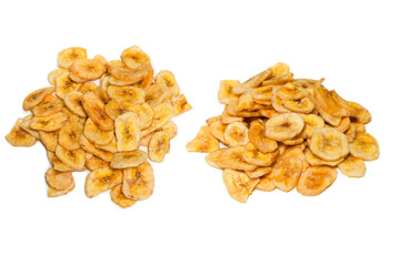 Banana chips isolated on a white background. Dehydrated banana.