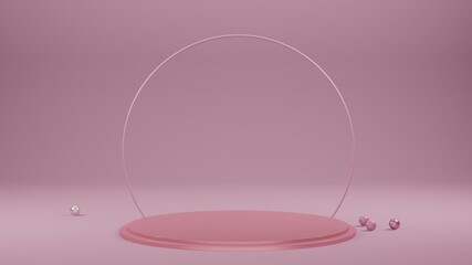 3D render of circle on pedestal in pink monochrome color, empty space for text or object