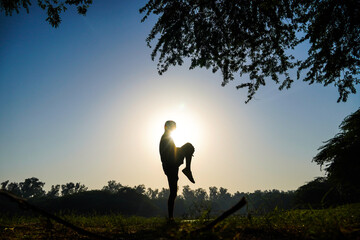 silhouette of a boy doing taekwondo practice in MORNING park near sun and river 