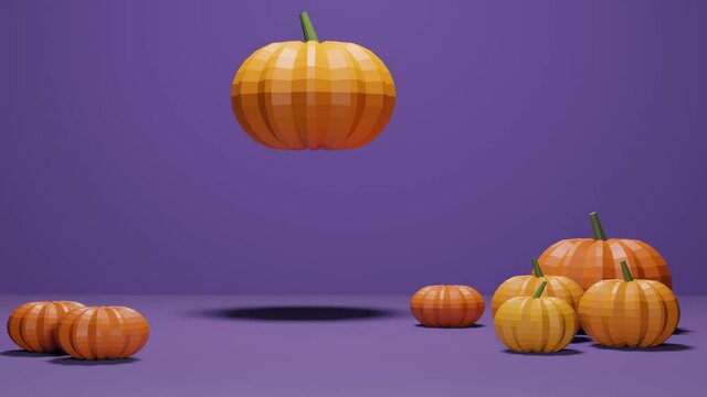 3d render animation  of low poly pumpkin floating against purple background