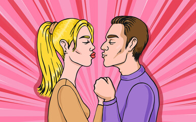 Pop Art Kissing Couple Holding Hands. Young adult couple in love hand drawn vector illustration in retro comic style