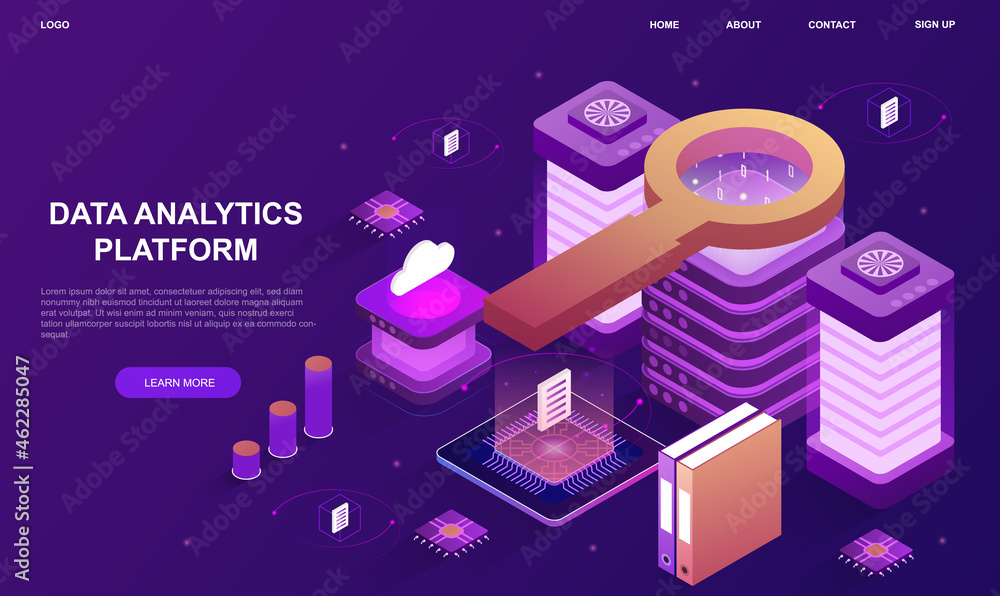 Poster data analytics platform. schemes of work of hosting servers. information storage, personal data. net
