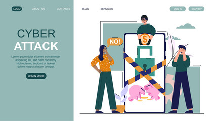 Cyber attack concept. Policeman helps girl to catch criminal. Fraud on Internet, theft of funds from account. Warning sign for users. Cartoon flat vector illustration isolated on white background