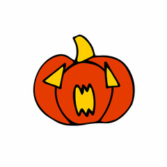 Doodle Halloween scary orange pumpkin. Funny, creepy, smiling face with fangs. Happy Halloween Holiday Symbol isolated on white background. Character sticker. Cartoon Vector Spooky Autumn Illustration