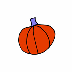 Doodle Pumpkin isolated on white background. Orange hand-drawn vegetable. Cartoon ripe harvest gourd sign. Farm product symbol. Vector illustration for autumn holiday, market, Halloween, Thanksgiving