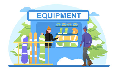 Equipment for rent. Set of equipment for winter skiing. African American goes to choose yourself snowboard. Ski rental, winter goggles. Cartoon flat vector illustration isolated on white background