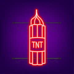 Red dynamite pack with electric time bomb, TNT. Neon icon. Vector illustration