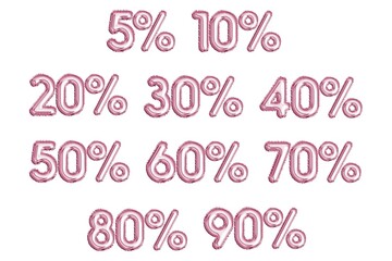Set of Pink Inflatable Discount Numbers with Percentages. 3D Illustration of Foil Balloon Font