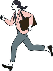 スーツで走る笑顔の鞄を持つ若い女性