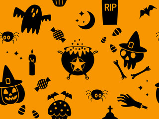 seamless pattern happy halloween with holiday symbols jack lamp, skull, black cat, worms, bat, candle, cupcake, ghost boo.