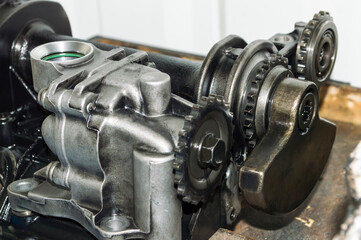 Front view of the oil pump of an automobile engine with balancing shafts